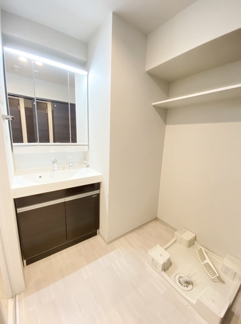 洗面設備　大きな鏡の洗面台と洗濯機置場