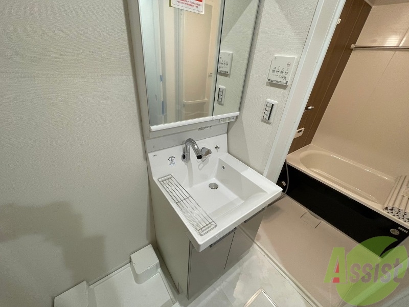 洗面設備　こちら独立洗面台でございます。扉の後ろに収納も可能です。