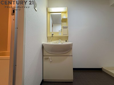 洗面設備　アメニティ収納棚ありの独立洗面台です