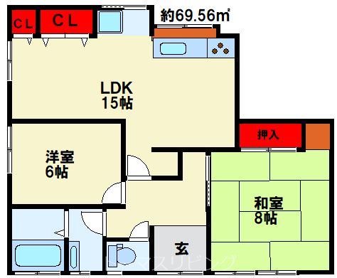 霧ヶ丘借家C右奥の間取り