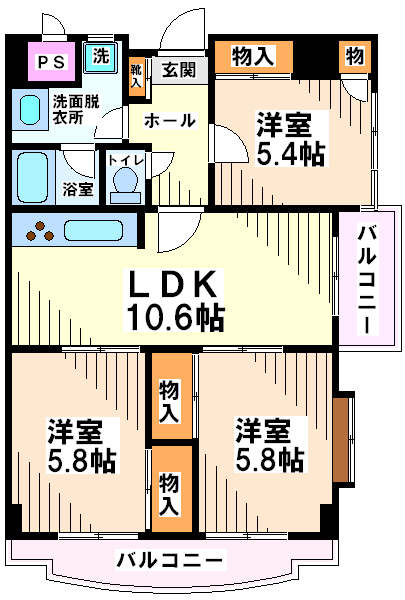 京王線 仙川駅 徒歩7分 6階建 築32年の間取り写真
