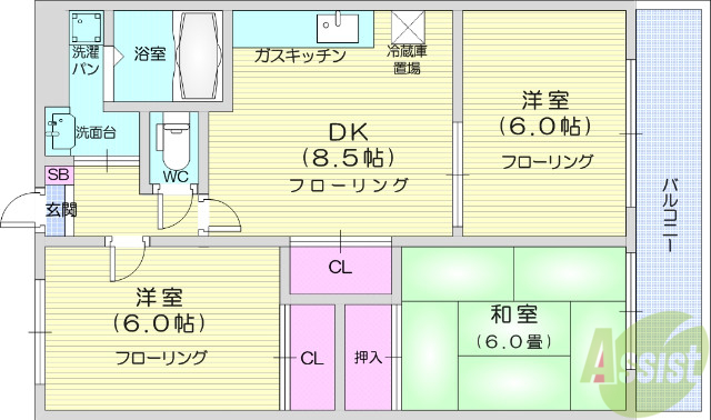 仙台市若林区伊在のマンションの間取り