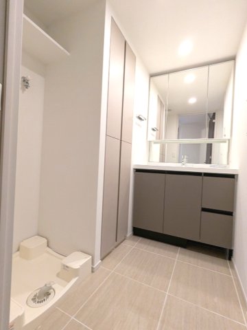 洗面設備　トイレと独立した3面鏡付ハンドシャワー付洗面台です、洗面台の