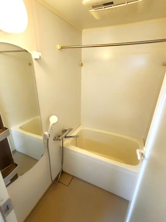 バス・シャワールーム　浴室には鏡と棚付き。きれいに清掃されています。