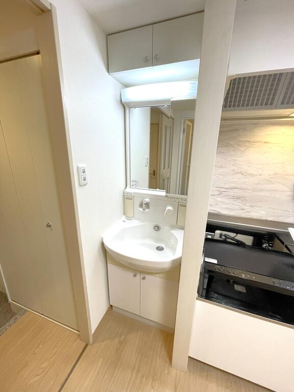 洗面設備　シャワー付き洗面化粧台があり、身支度を整える際に便利です。