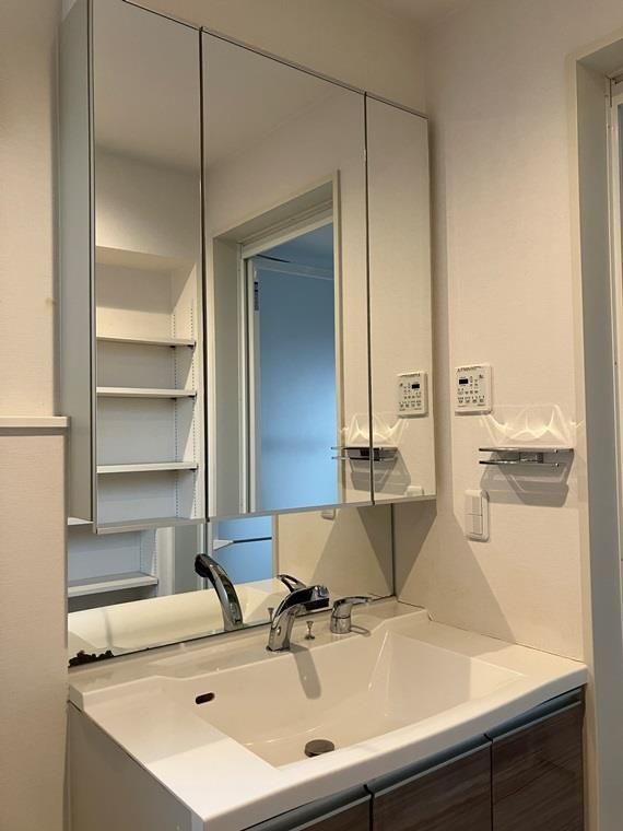 洗面設備　独立洗面台、小物を置くことができて便利です
