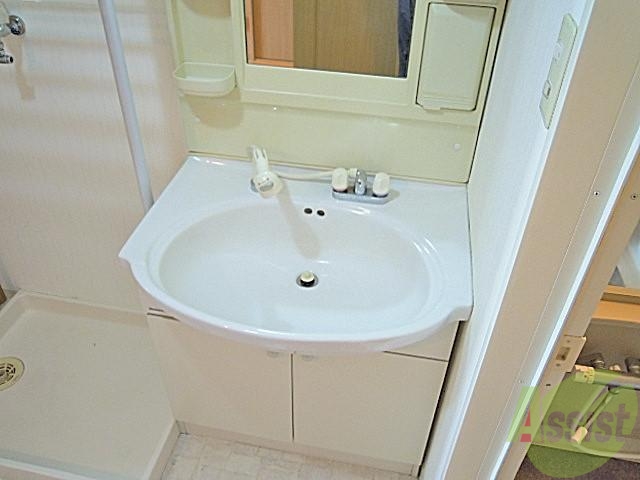 洗面設備　大きな洗面台と鏡が素敵ですね～。色々物も置けそうですね。