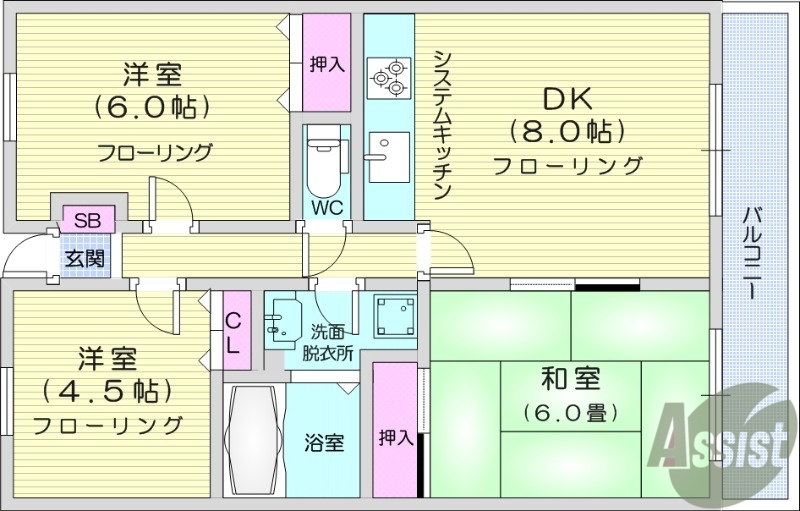 仙台市青葉区北根黒松のマンションの間取り