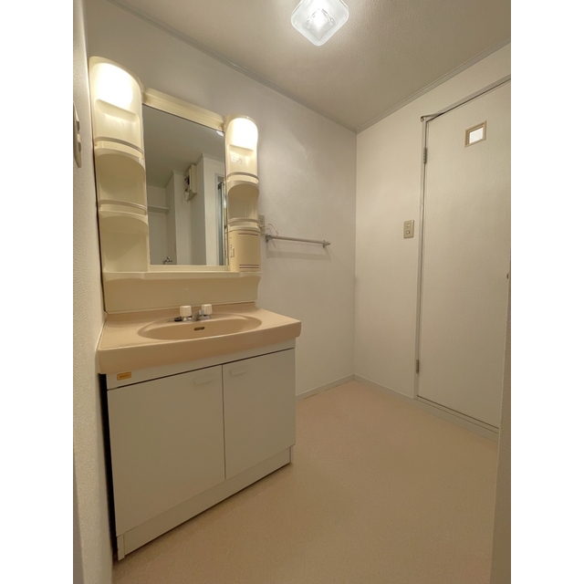 洗面設備　洗面化粧台、タオル掛けあり