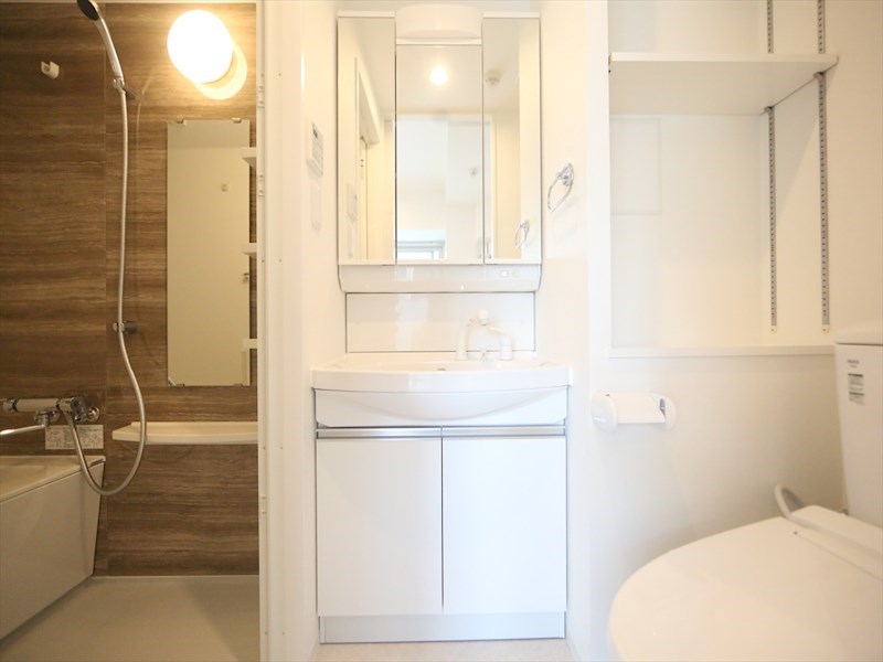 洗面設備　脱衣所　独立洗面台（シャンプードレッサー付）収納スペース有