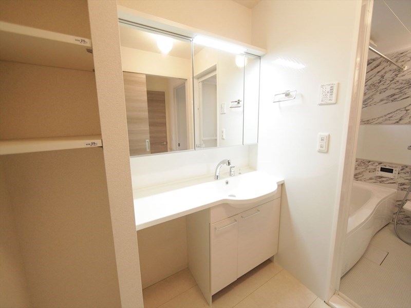 洗面設備　脱衣所　独立洗面台（シャンプードレッサー付）収納スペース有