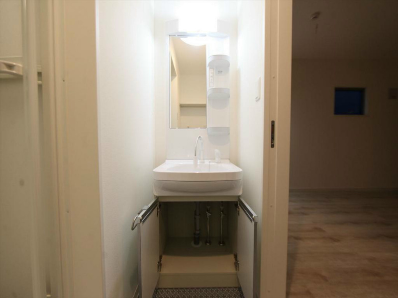 洗面設備　脱衣所　独立洗面台（シャンプードレッサー付）収納スペース有