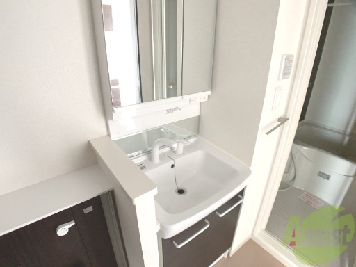 洗面設備　シャワーノズル付きの洗面台は、きれいで広くて使い易いです。