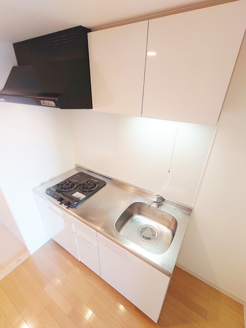 キッチン　大型２口ガスキッチン・横に冷蔵庫置き場あり