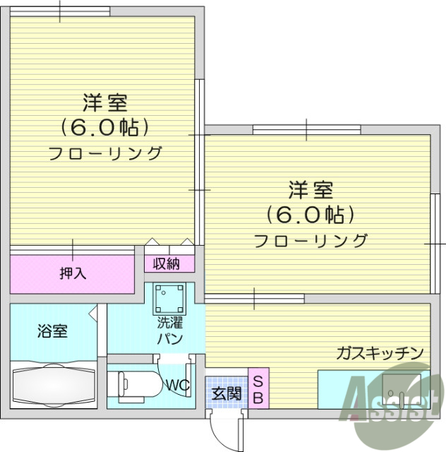 仙台市若林区かすみ町のアパートの間取り