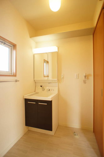 洗面設備　上部収納棚とシャワーに切り替えられるシャンプードレッサー