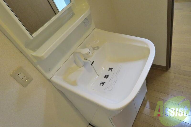 洗面設備　ひろめのボウルの洗面台がここにあります。