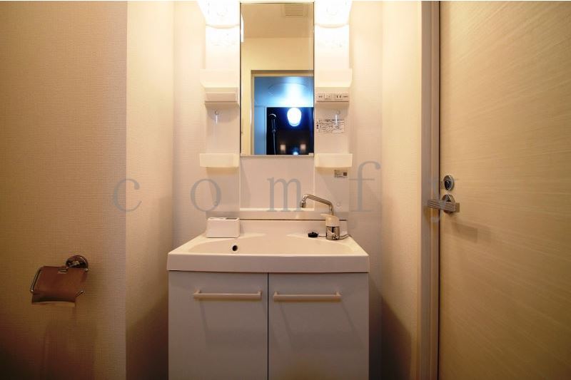 洗面設備　シャワー付き・三面鏡独立洗面台