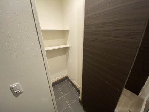その他設備　玄関、収納スペースです。棚があり使い勝手のいい収納スペースに