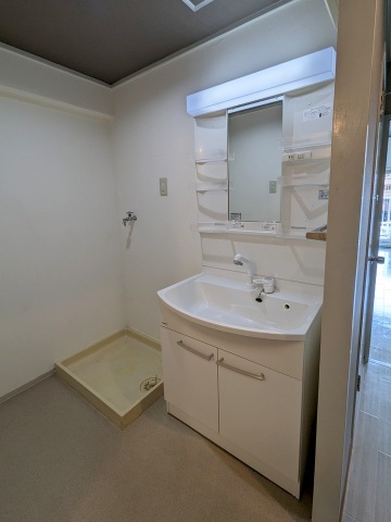 洗面設備　シャンドレ付き洗面化粧台と室内洗濯機置き場