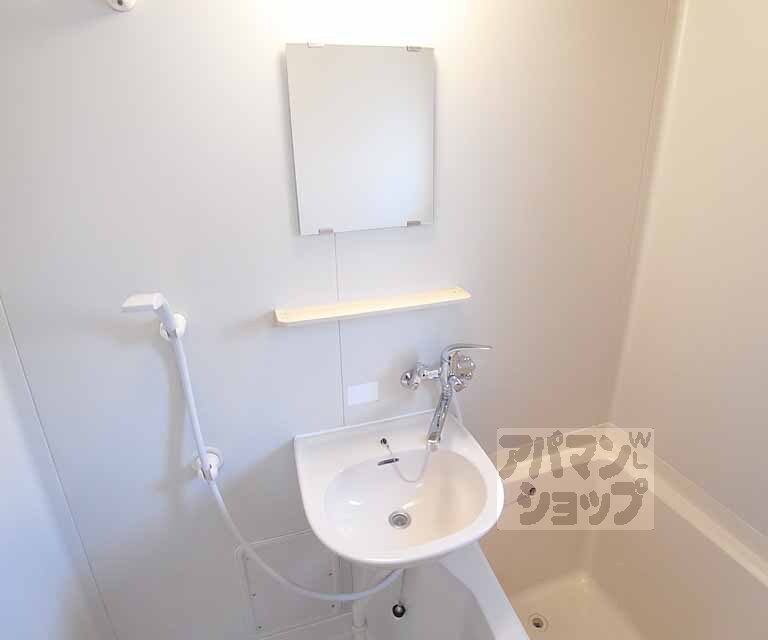 洗面設備　鏡だけでなく物を置ける棚も付いてます