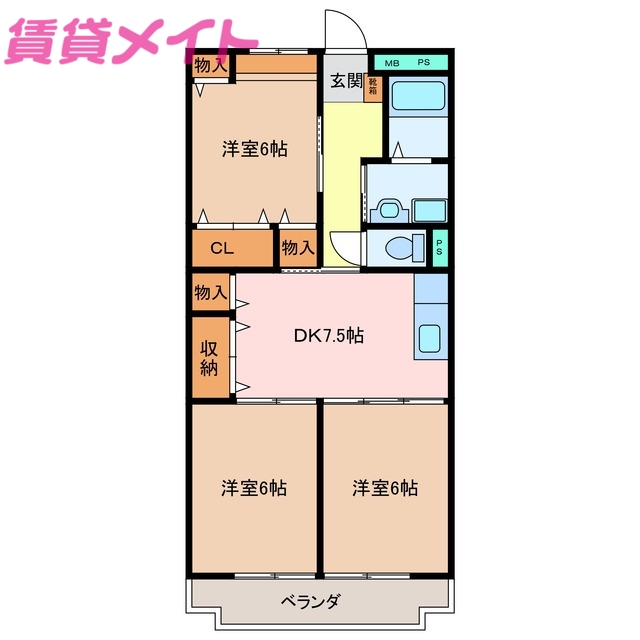 松阪市駅部田町のマンションの間取り