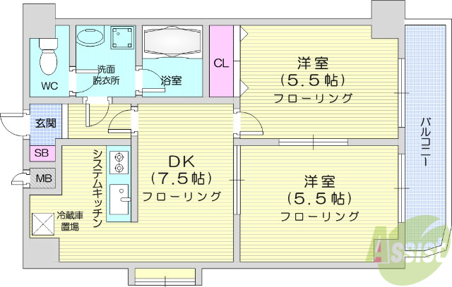 仙台市宮城野区福室のマンションの間取り