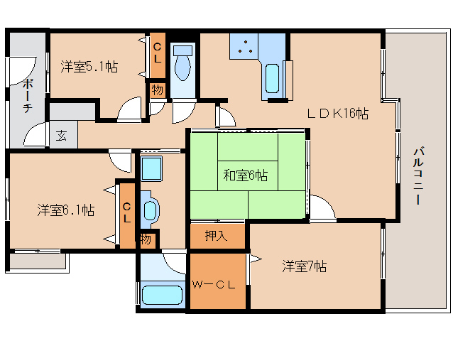 奈良市中登美ヶ丘のマンションの間取り