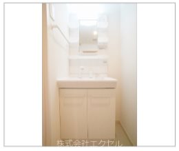 洗面設備　シャワー付き洗面化粧台完備です。