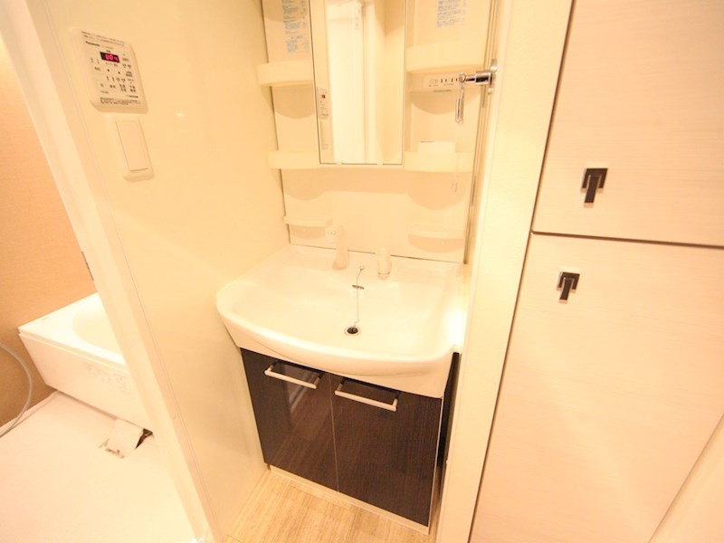 洗面設備　脱衣所　独立洗面台（シャンプードレッサー付）収納スペース有