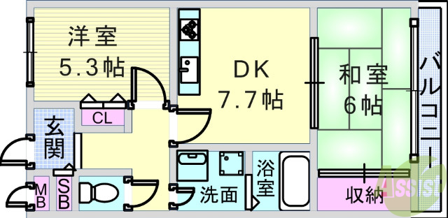 西宮市門戸岡田町のマンションの間取り