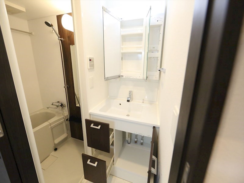 洗面設備　脱衣所　独立洗面台（シャンプードレッサー付）収納スペース有