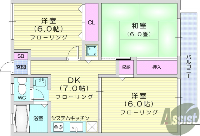 仙台市青葉区大手町のアパートの間取り