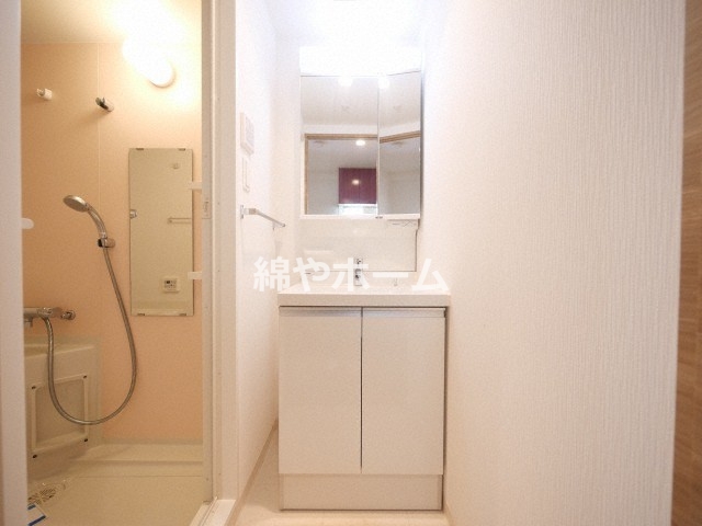 洗面設備　独立洗面台、小物を置くことができて便利です