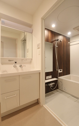 洗面設備　三面鏡付き洗面台。鏡の内側は収納スペース。