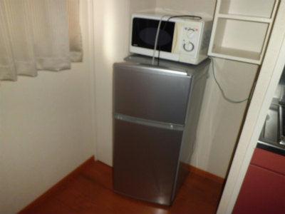 その他　冷蔵庫と電子レンジ。脇の棚も何気に便利です。