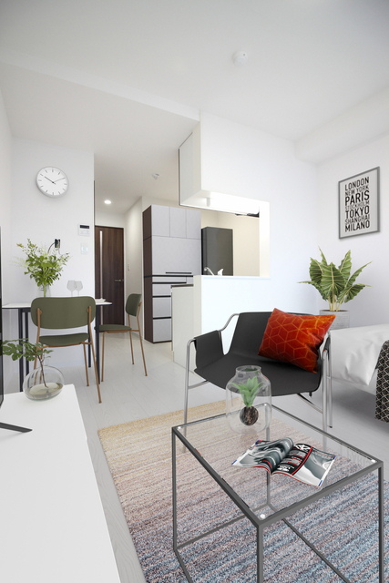 居室・リビング　※モデルルーム参考写真。実際のお部屋に家具、小物は付いており