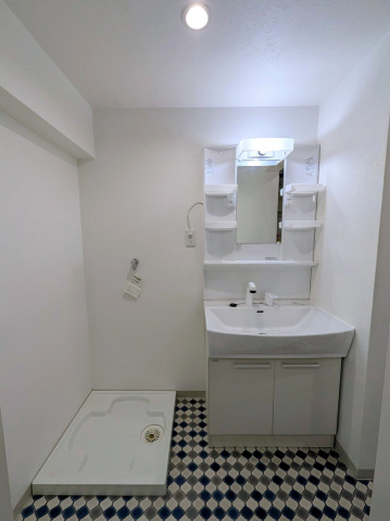 洗面設備　シャンドレ付き洗面化粧台と室内洗濯機置き場