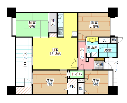 北九州市小倉北区木町のマンションの間取り