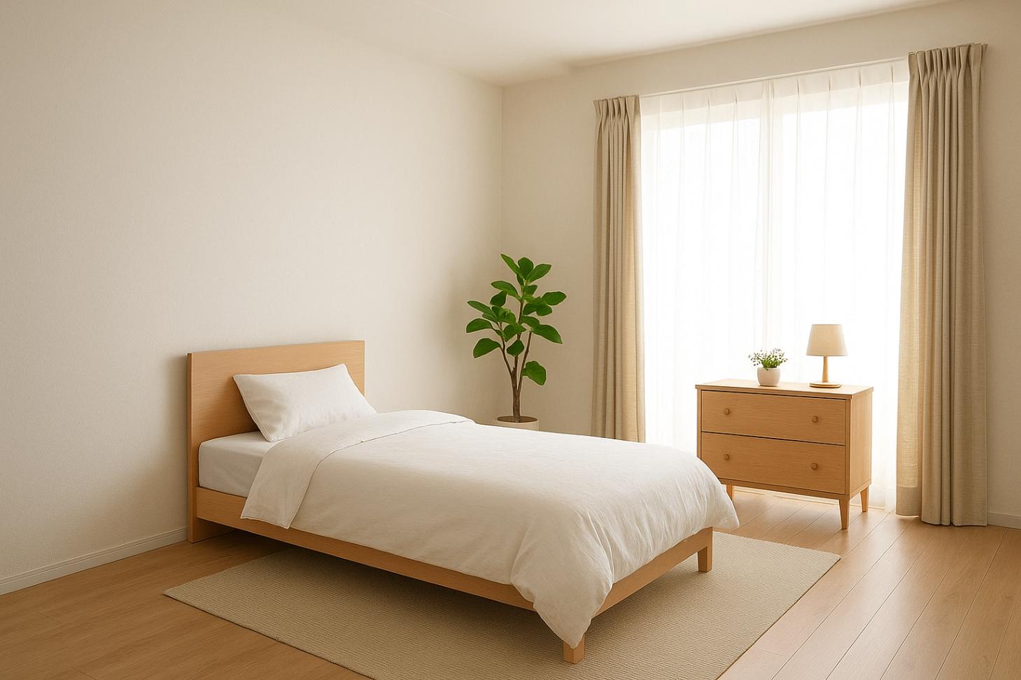 居室・リビング　フローリング×白を基調とした明るい室内（イメージパース）