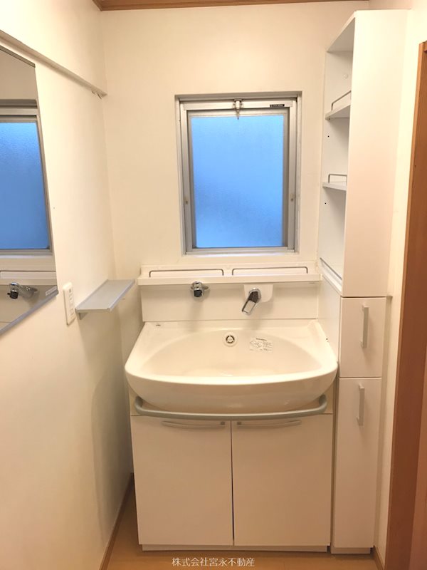洗面設備　シャワー付き！収納棚もあります！