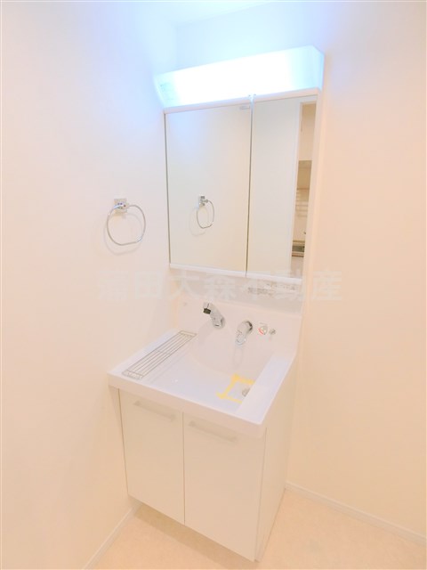 洗面設備　洗面脱衣所　2面鏡の独立洗面台　洗濯機置き場