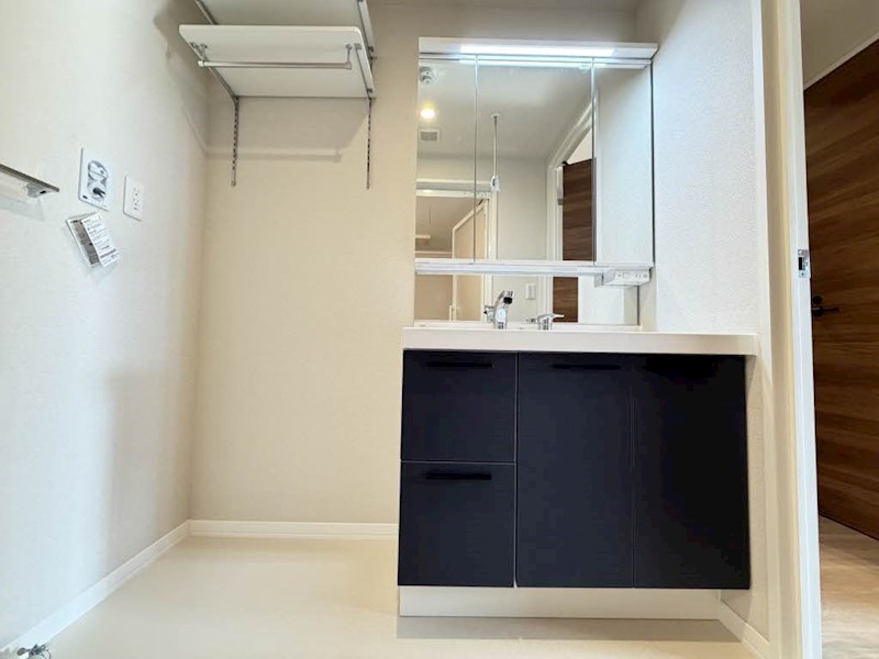 洗面設備　可動棚付きの洗濯機置き場、独立洗面化粧台は三面鏡にできます。