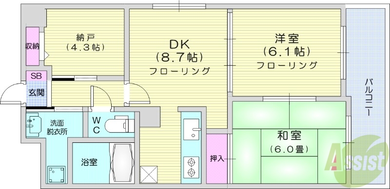 仙台市宮城野区萩野町のマンションの間取り