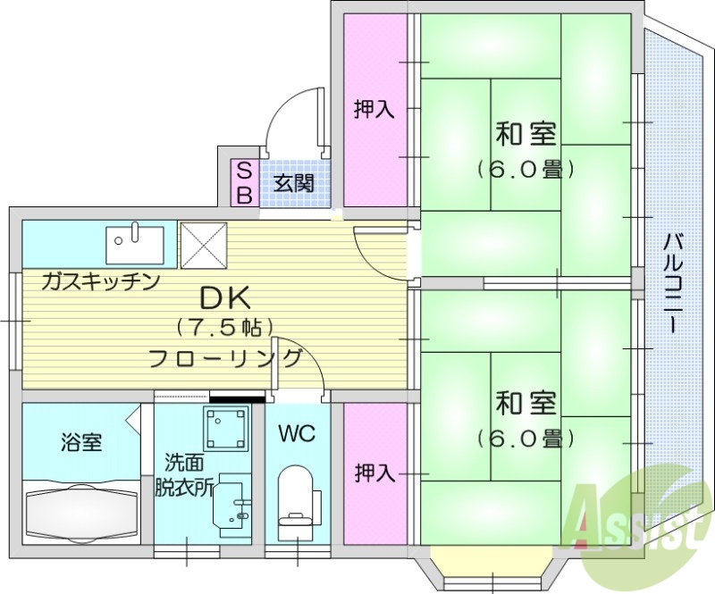 宮城県仙台市若林区若林６（アパート）の賃貸物件の間取り