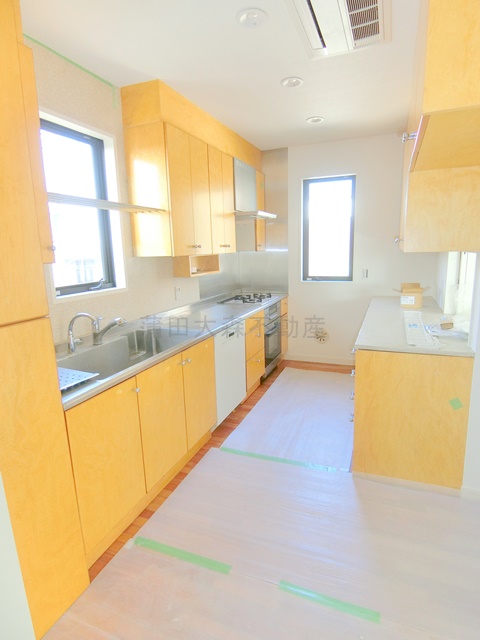 キッチン　3口ガスコンロ、グリル、オーブン、食洗器、カウンター付きの広