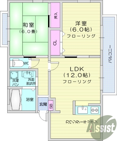 仙台市青葉区落合のアパートの間取り