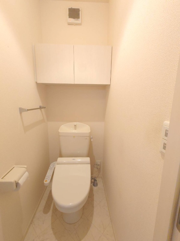 トイレ　温水洗浄便座。収納棚あります