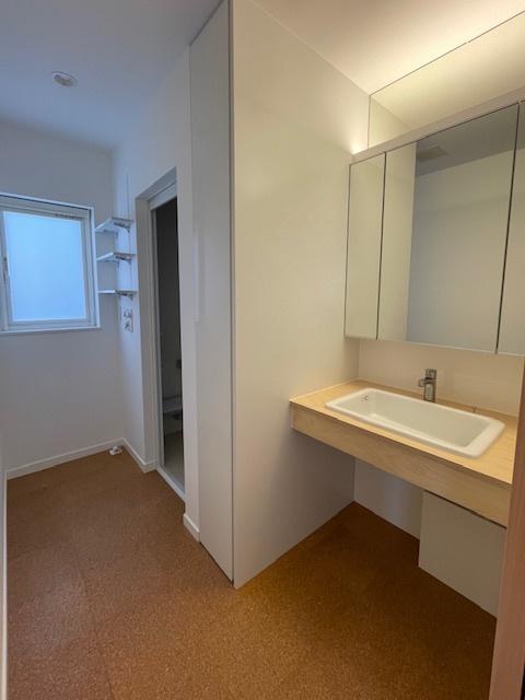 洗面設備　明るくゆとりある収納付洗面スペース、３面鏡付