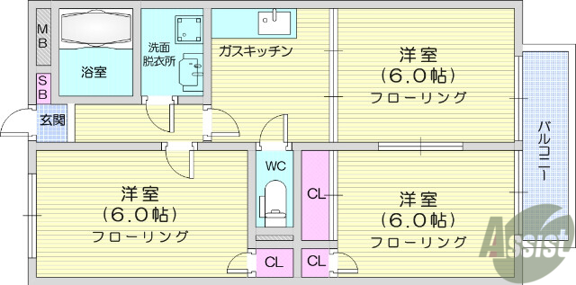 仙台市宮城野区岡田のアパートの間取り